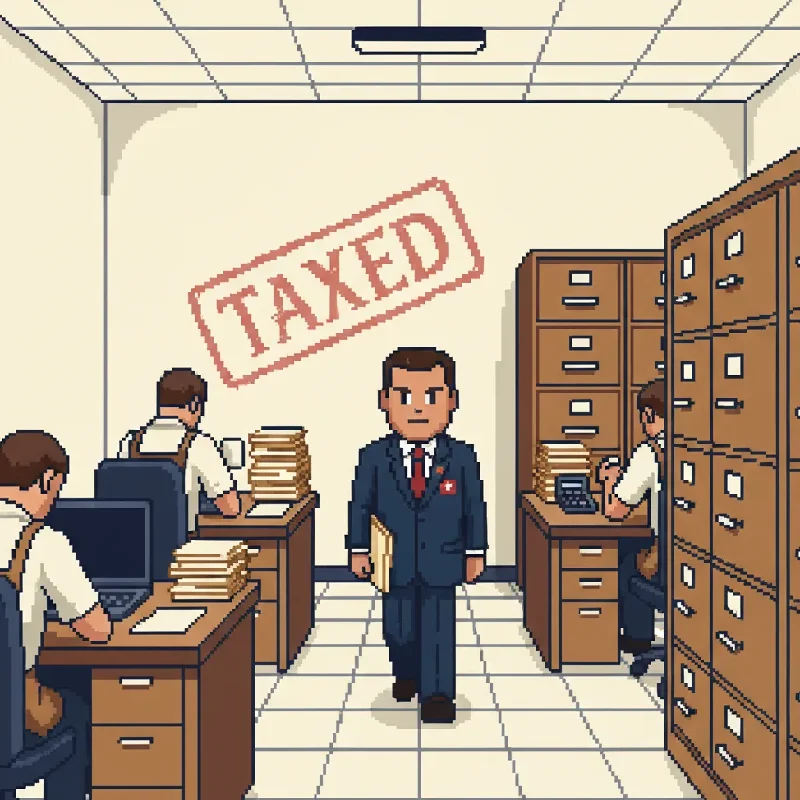 [DE-TBD] Pixel art illustration of an IRS field office. An Agent in a navy suit walks between Workers slumped at desks while a stamp-red TAXED seal hangs on the back wall.