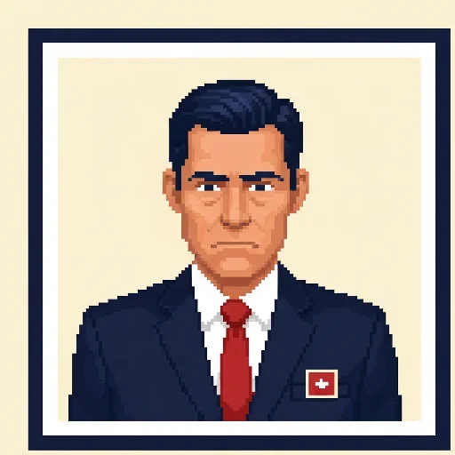 [DE-TBD] Pixel art portrait of a stern IRS Agent in a navy suit, stamp-red tie, and brass badge staring directly at the viewer.