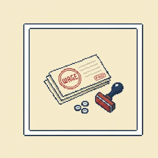 [DE-TBD] Pixel art still-life of manila wage slips bearing a stamp-red WAGE seal, a rubber stamp tool, and a few navy pixel coins.