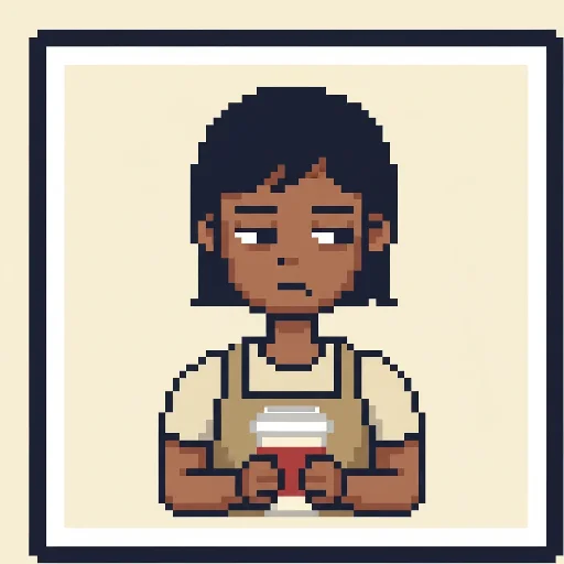 [DE-TBD] Pixel art portrait of a tired Worker Barista in a manila apron holding a coffee cup.