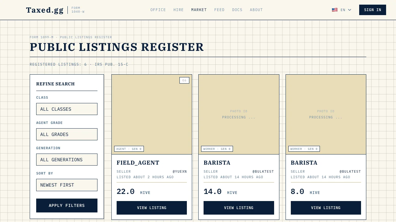 [DE-TBD] Screenshot of the Taxed.gg NFT marketplace listings page, showing multiple Worker and Agent cards available for sale at various HIVE prices.